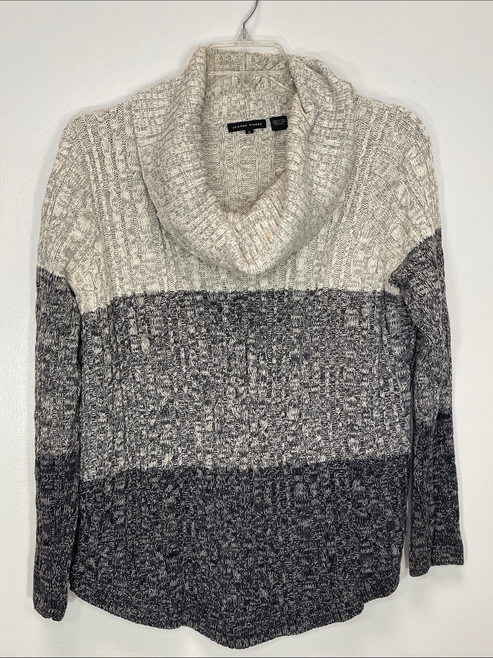 JEANNE PIERRE Cotton Cable Knit Cowl Sweater Cream to Charcoal Colorblock Stripe